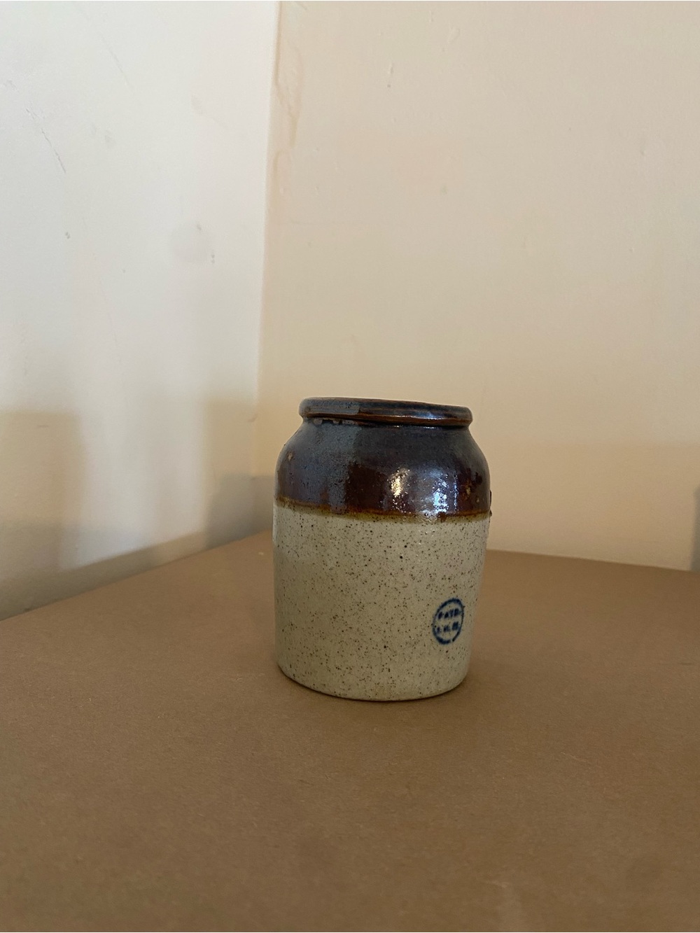 Handcrafted Two-Tone Stoneware Jar 1900s Mustard crock no lid Cottagecore tan